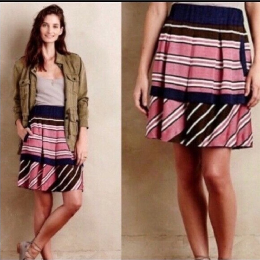 Maeve Anthropologie striped skirt, pink navy brown stripe sz 0 pockets!